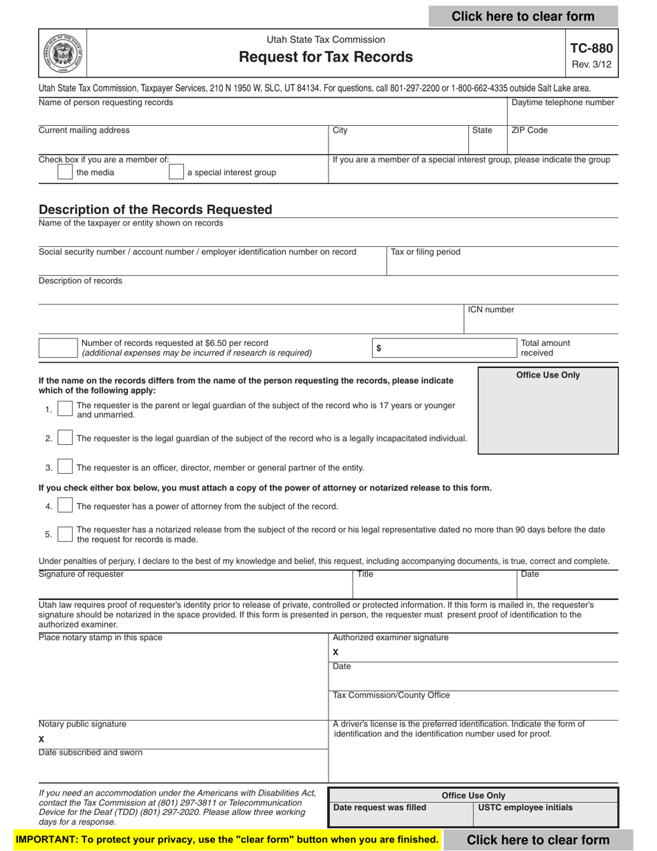 Form TC-880 Request for Tax Records - Utah, Page 1