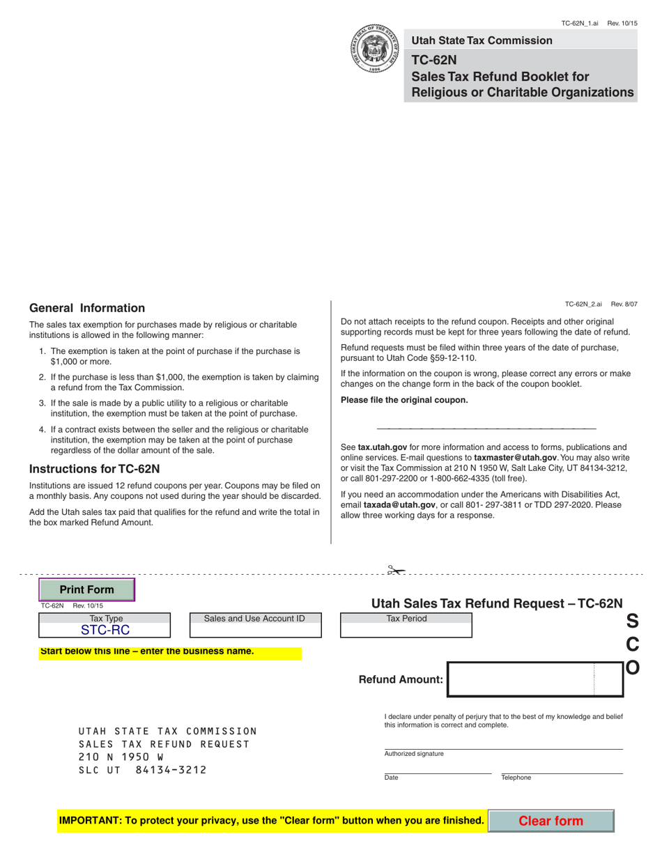 Form TC62N Download Fillable PDF or Fill Online Utah Sales Tax Refund