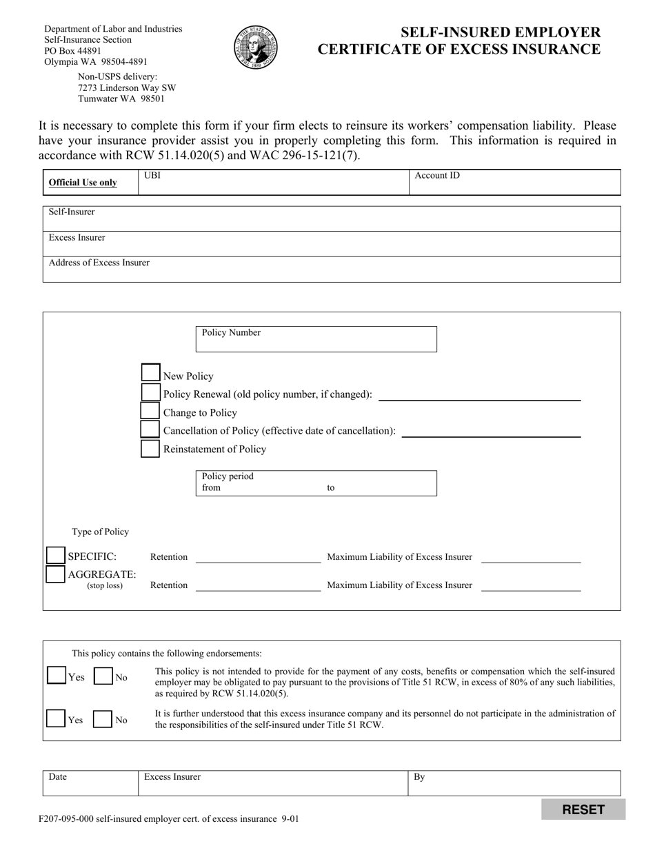 Form F207-095-000 Self-insured Employer Certificate of Excess Insurance - Washington, Page 1