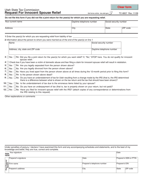 Form TC-8857 Request for Innocent Spouse Relief - Utah