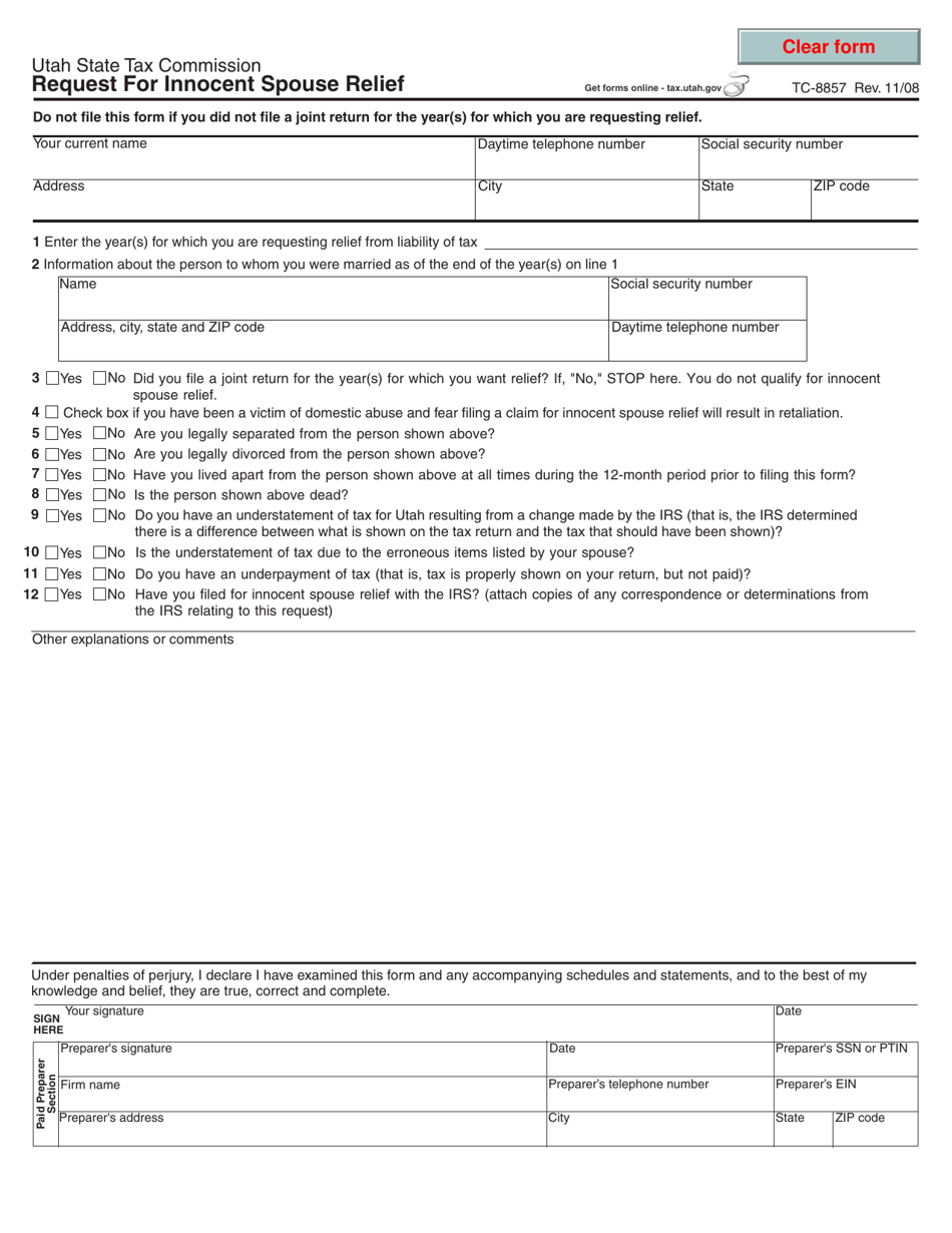 Form TC-8857 Request for Innocent Spouse Relief - Utah, Page 1