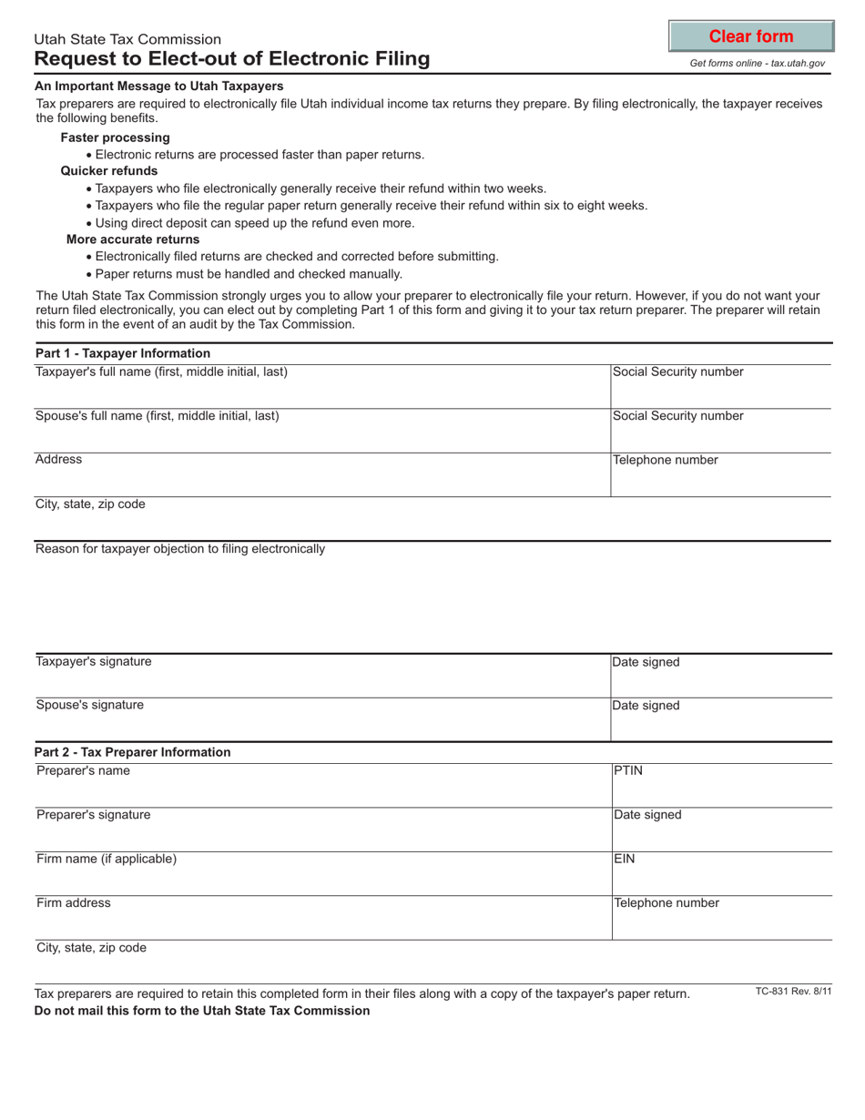 Form TC-831 Request to Elect-Out of Electronic Filing - Utah, Page 1