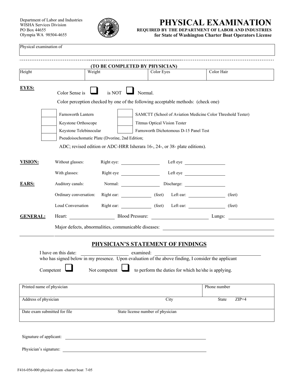 Form F416-056-000 Physical Examination - Washington, Page 1