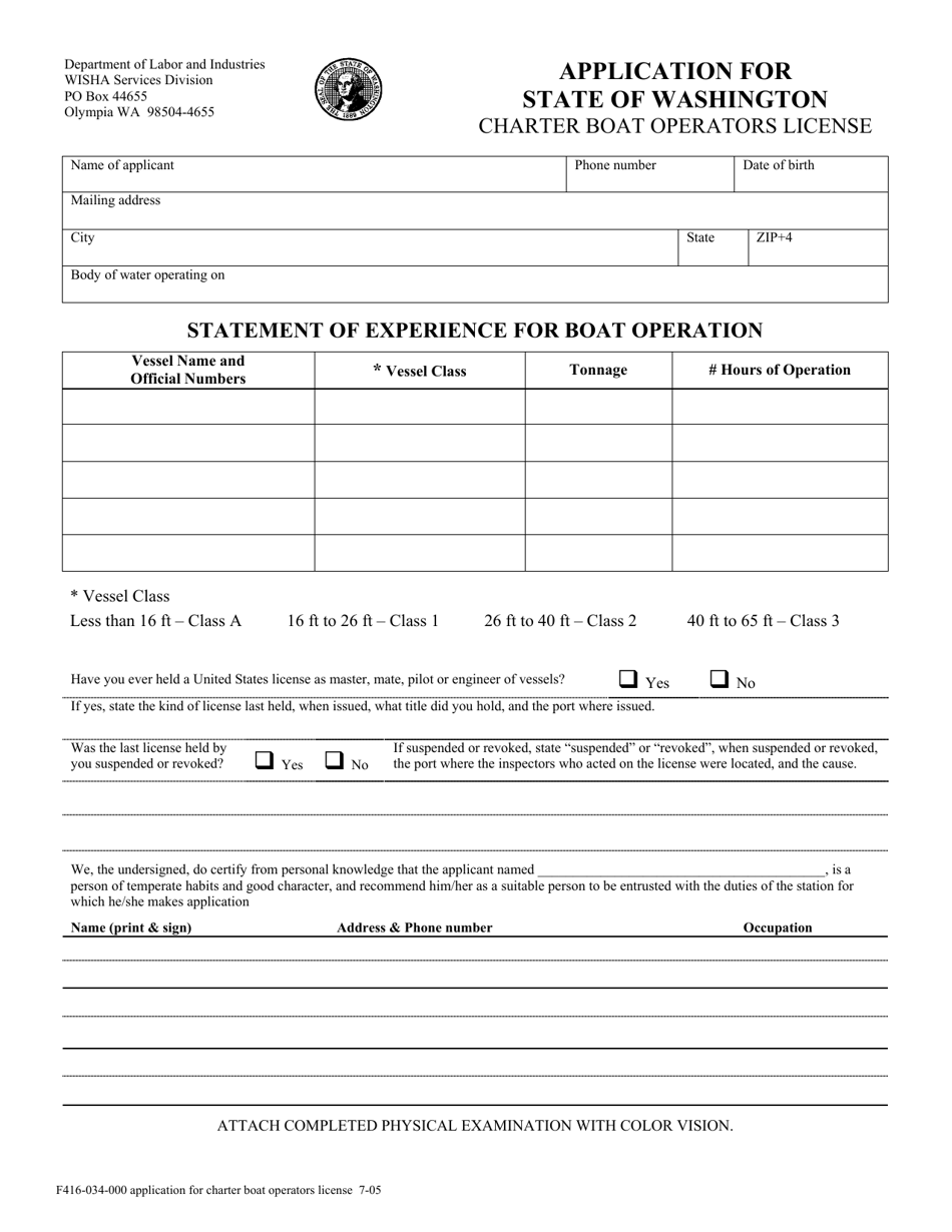Form F416-034-000 Application for State of Washington Charter Boat Operators License - Washington, Page 1