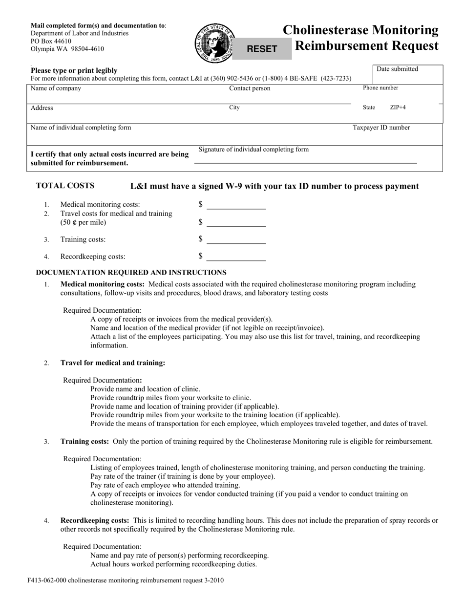 Form F413-062-000 Cholinesterase Monitoring Reimbursement Request - Washington, Page 1