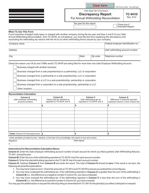 Form TC-941D Discrepancy Report for Annual Withholding Reconciliation - Utah