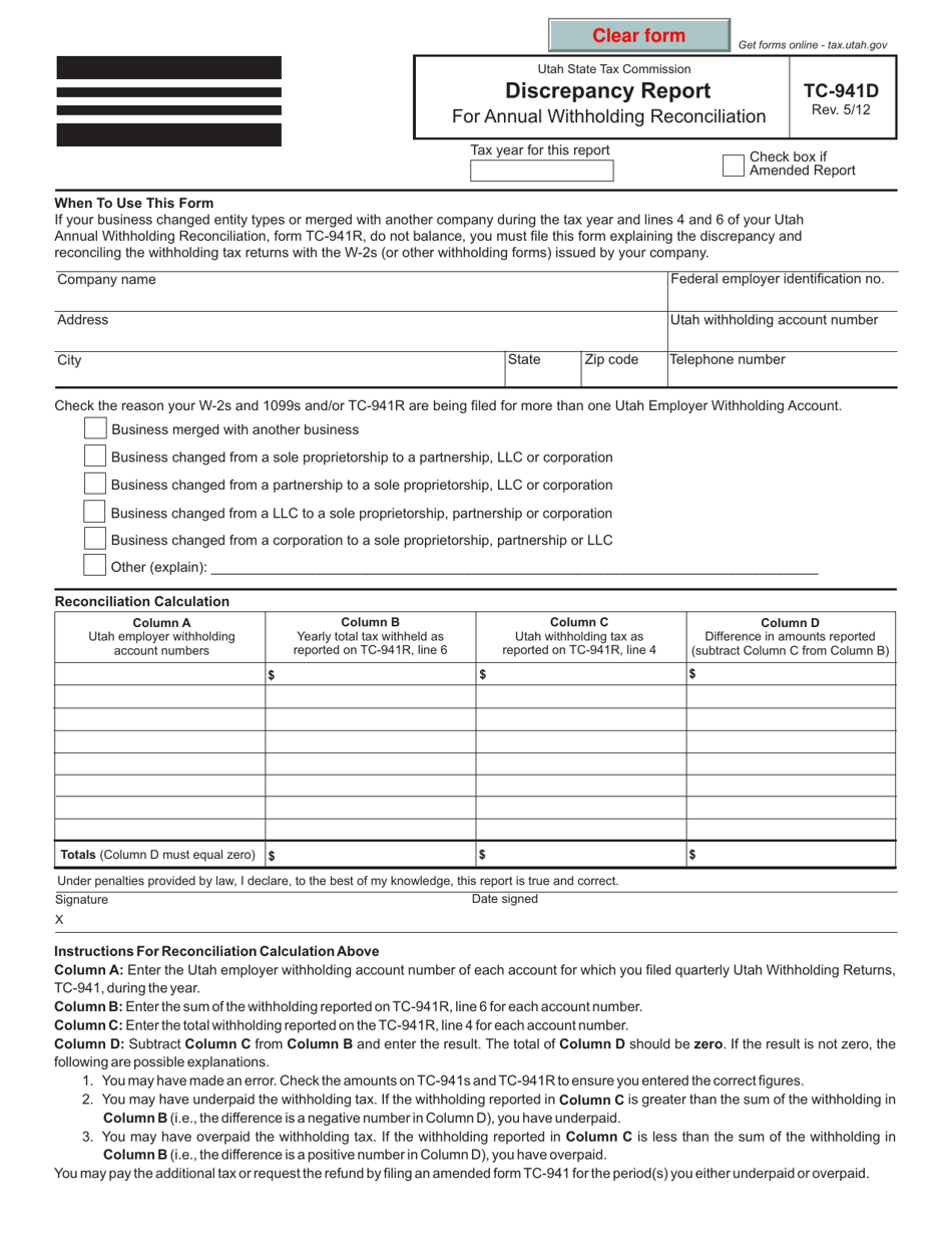 Form TC-941D Discrepancy Report for Annual Withholding Reconciliation - Utah, Page 1