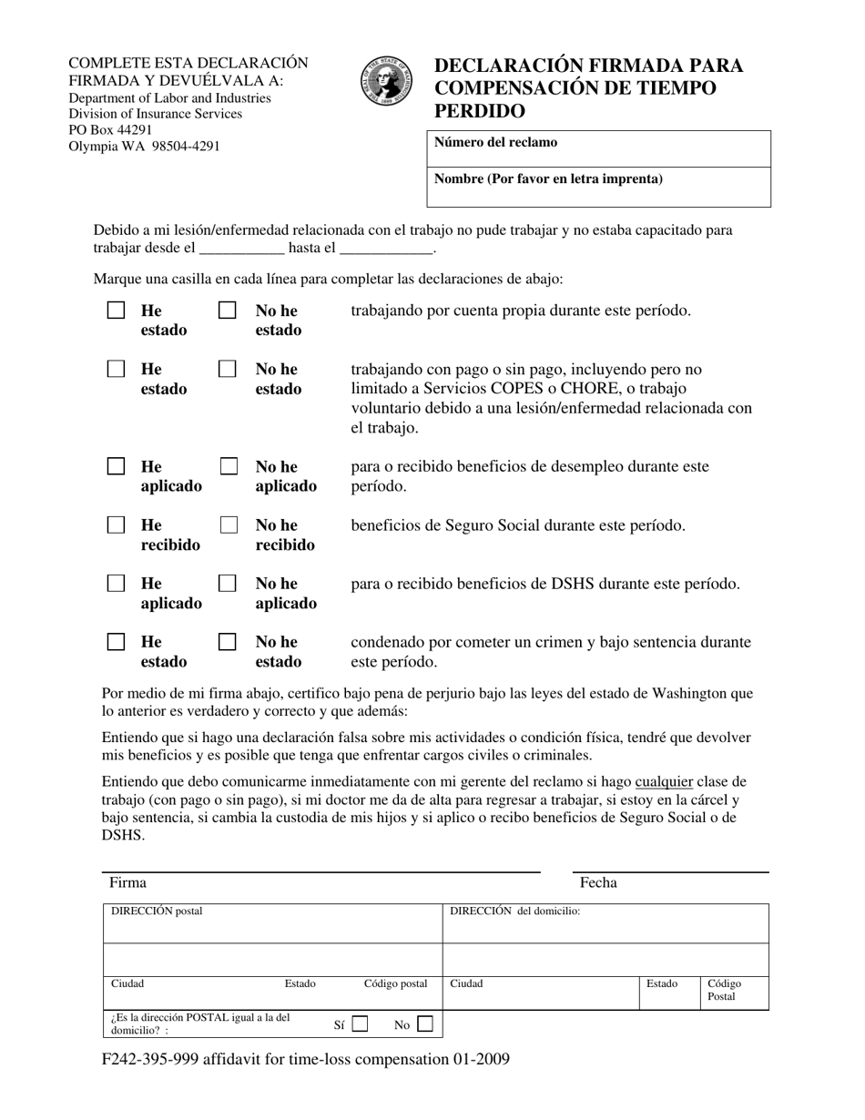 Formulario F242-395-999 Declaracion Firmada Para Compensacion De Tiempo Perdido - Washington (Spanish), Page 1