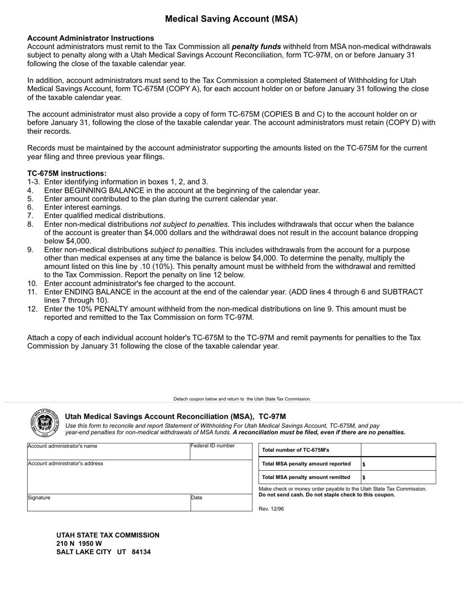 Form TC-97M Utah Medical Savings Account Reconciliation (Msa) - Utah, Page 1