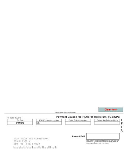 Form TC-922PC Payment Coupon for Ifta/Sfu Tax Return - Utah