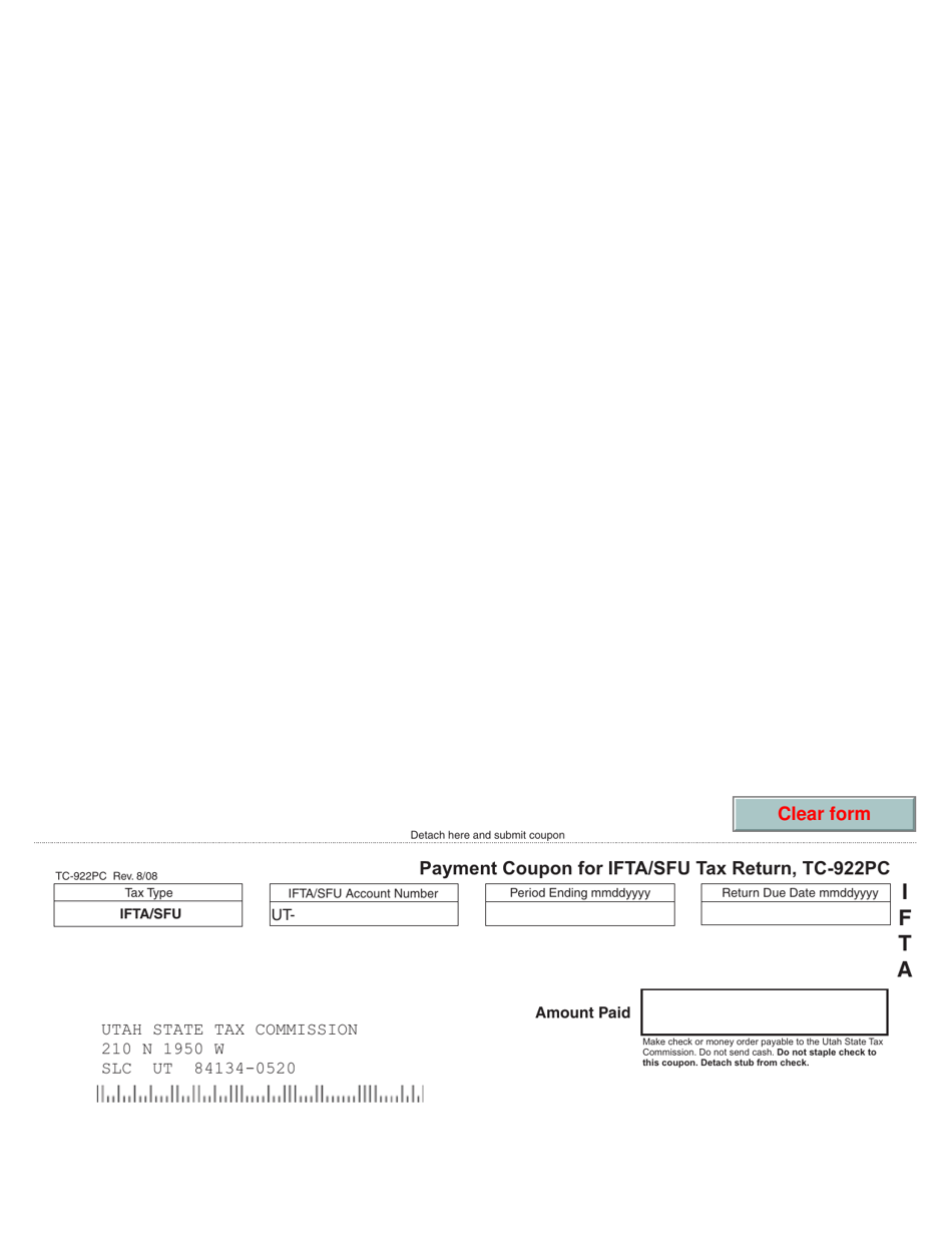 Form TC-922PC Payment Coupon for Ifta / Sfu Tax Return - Utah, Page 1