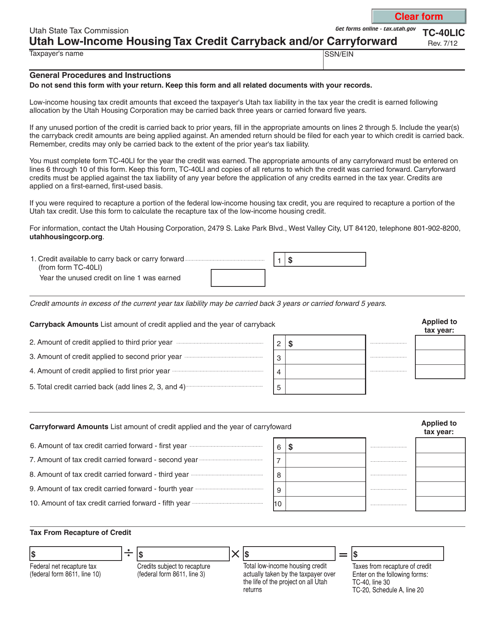 Form TC-40LIC Utah Low-Income Housing Tax Credit Carryback and/or Carryforward - Utah