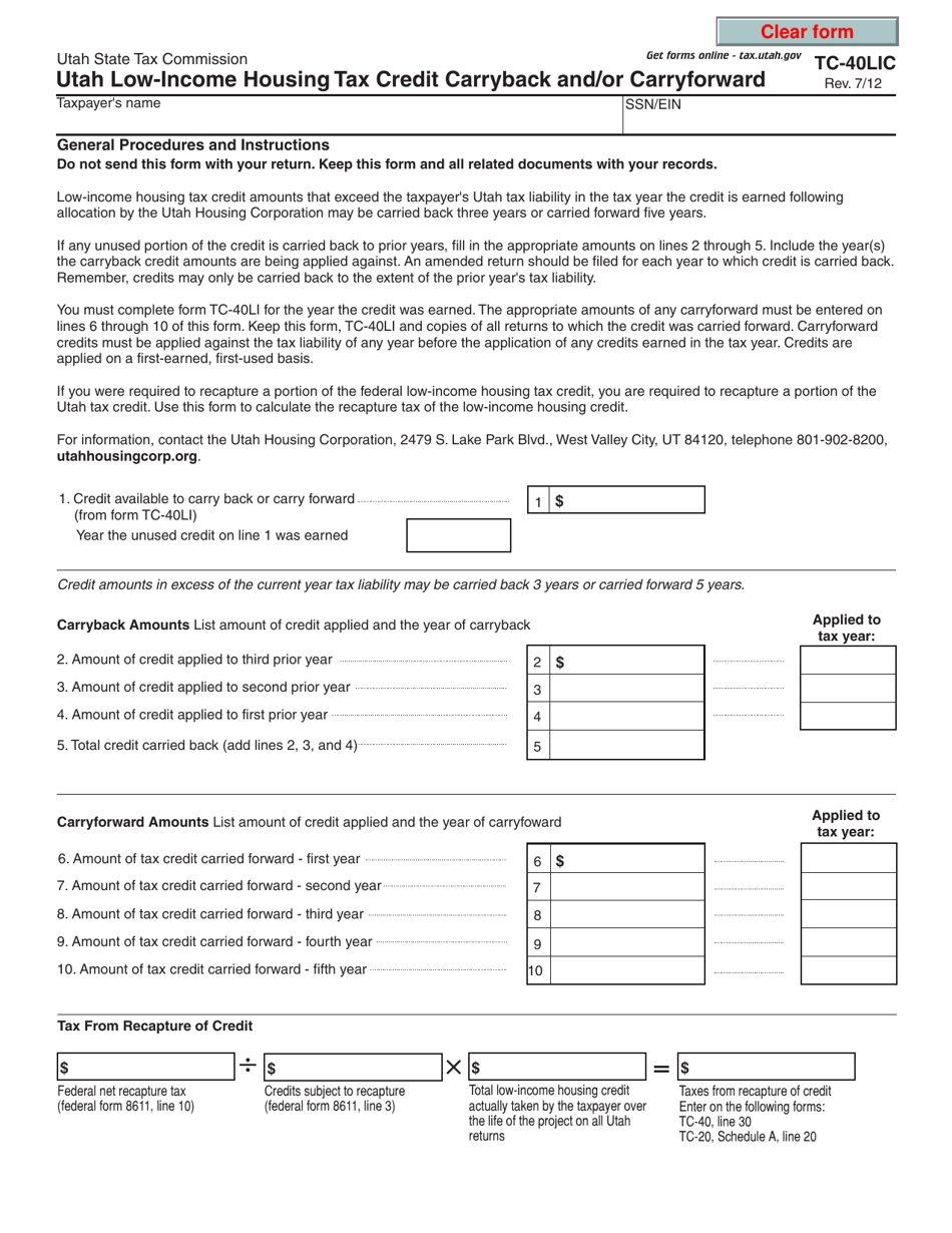Form TC-40LIC Utah Low-Income Housing Tax Credit Carryback and / or Carryforward - Utah, Page 1