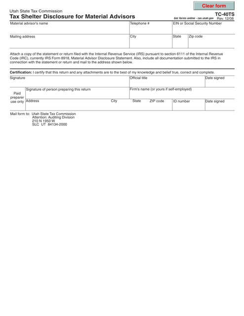 Form TC-40TS Tax Shelter Disclosure for Material Advisors - Utah