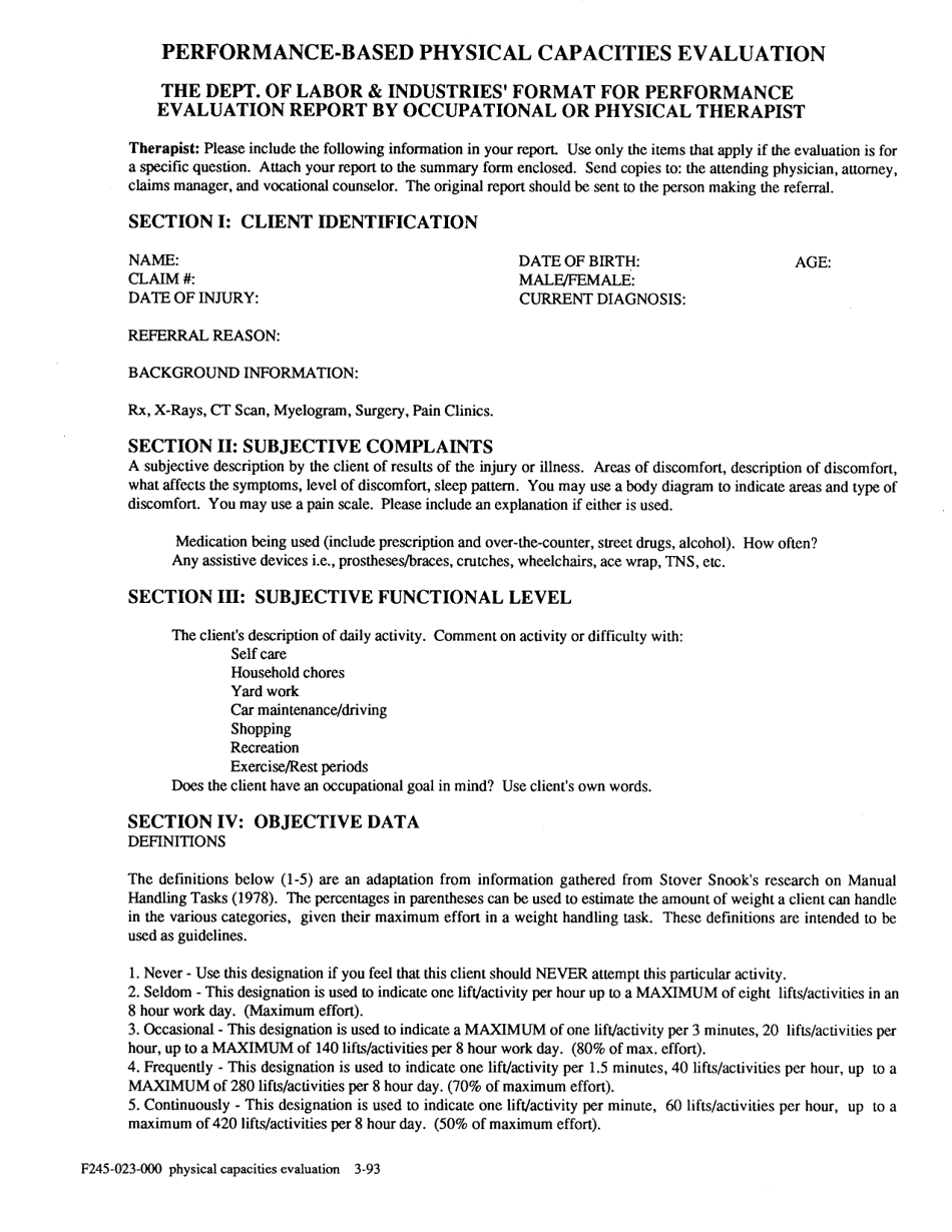 Form F245-023-000 Performance Based Physical Capacities Evaluation - Washington, Page 1