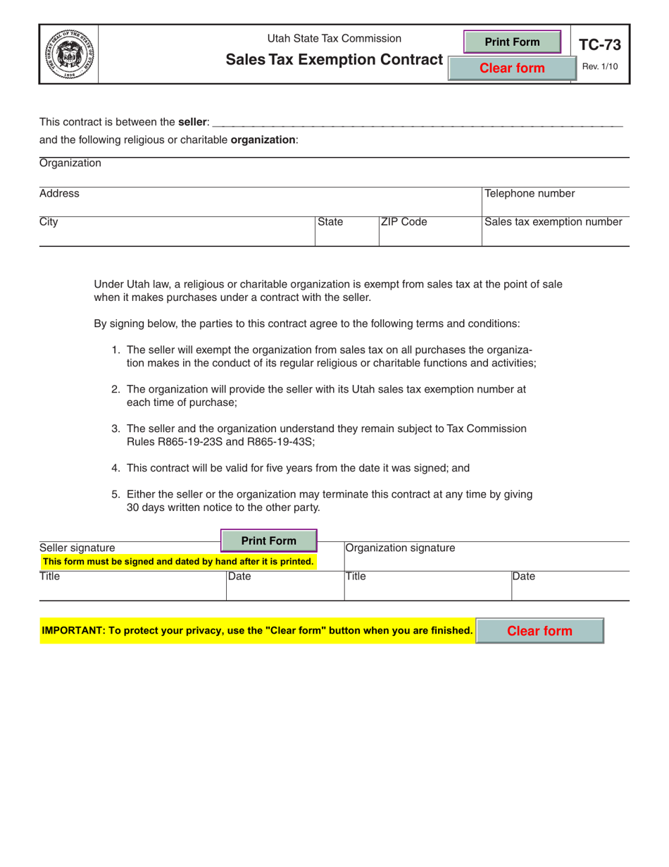 Form TC-73 Sales Tax Exemption Contract - Utah, Page 1