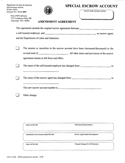 Form F207-137-000 Special Escrow Account - Amendment Agreement - Washington
