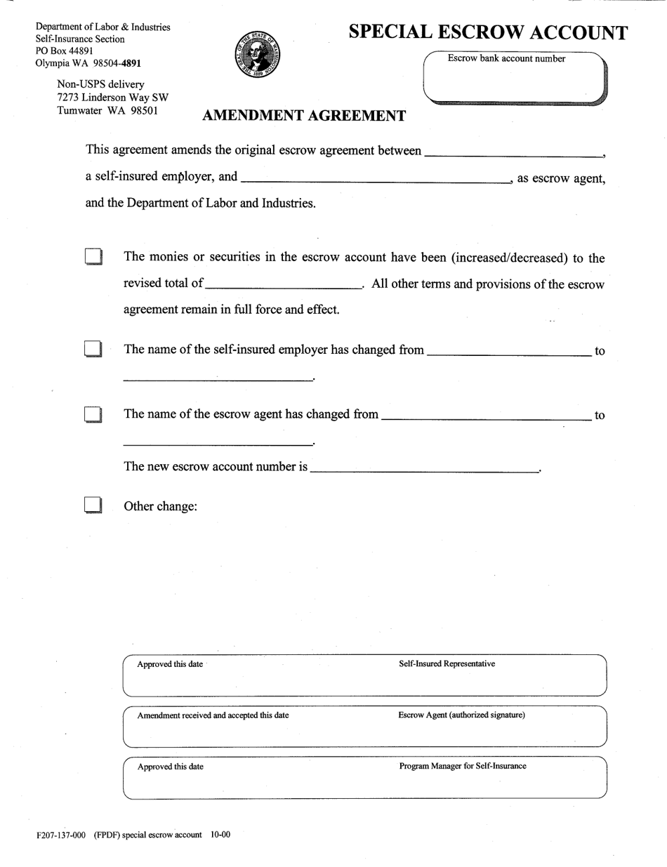 Form F207-137-000 Special Escrow Account - Amendment Agreement - Washington, Page 1