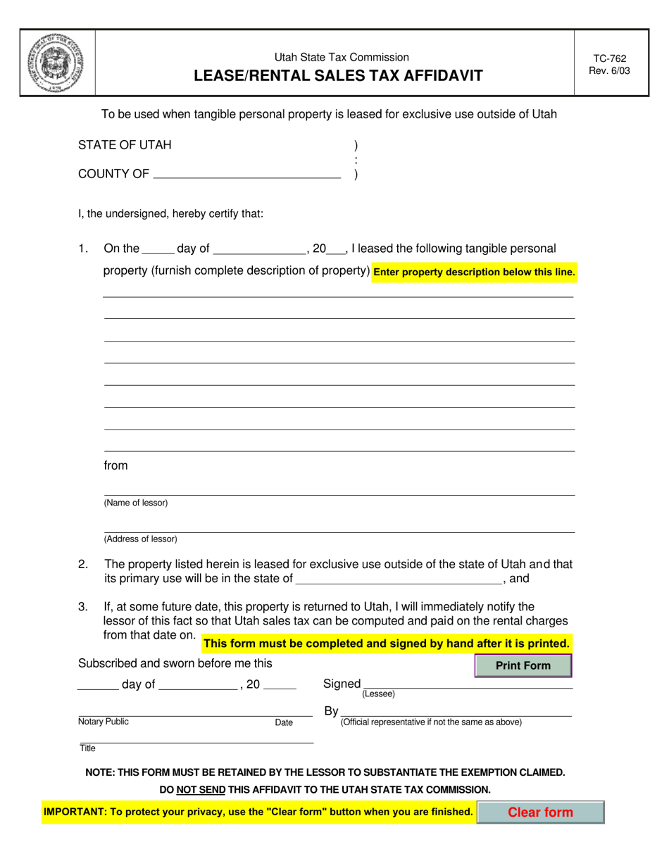 Form TC-762 Lease / Rental Sales Tax Affidavit - Utah, Page 1