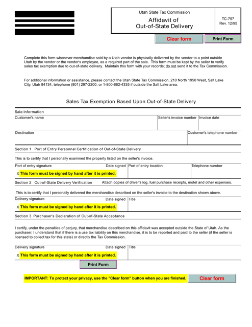 Form TC-757 Affidavit of Out-of-State Delivery - Utah