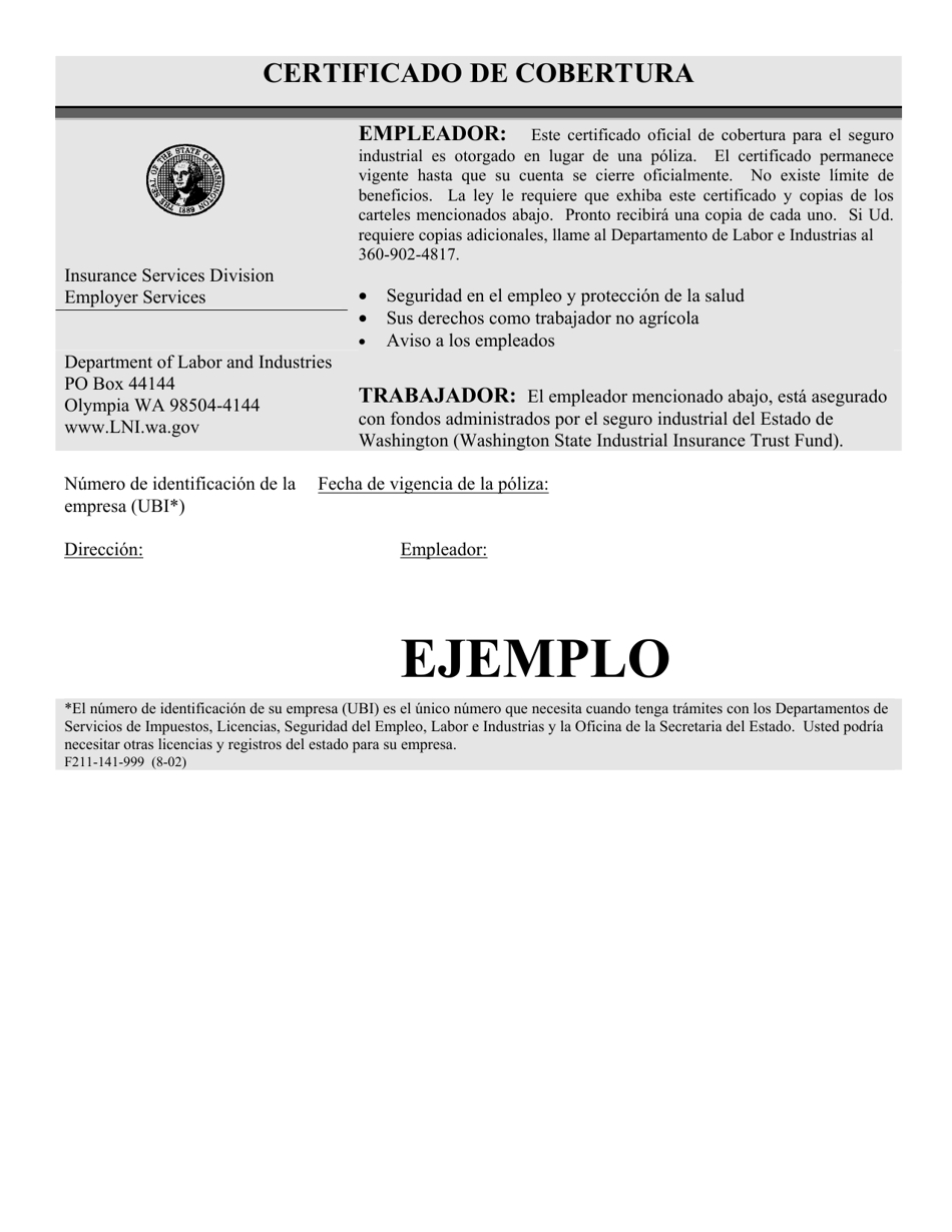 Formulario F211-141-999 Certificado De Cobertura - Washington (Spanish), Page 1