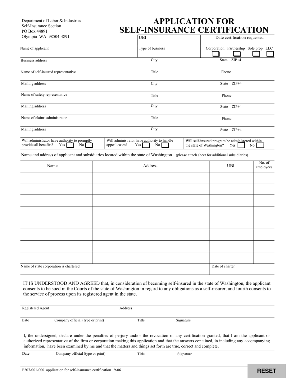 Form F207-001-000 Application for Self-insurance Certification - Washington, Page 1