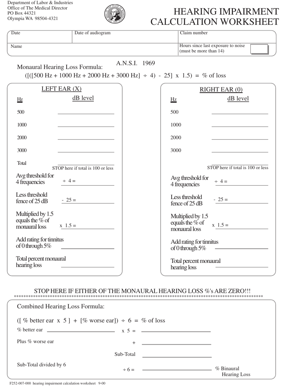 Form F252-007-000 Hearing Impairment Calculation Worksheet - Washington, Page 1