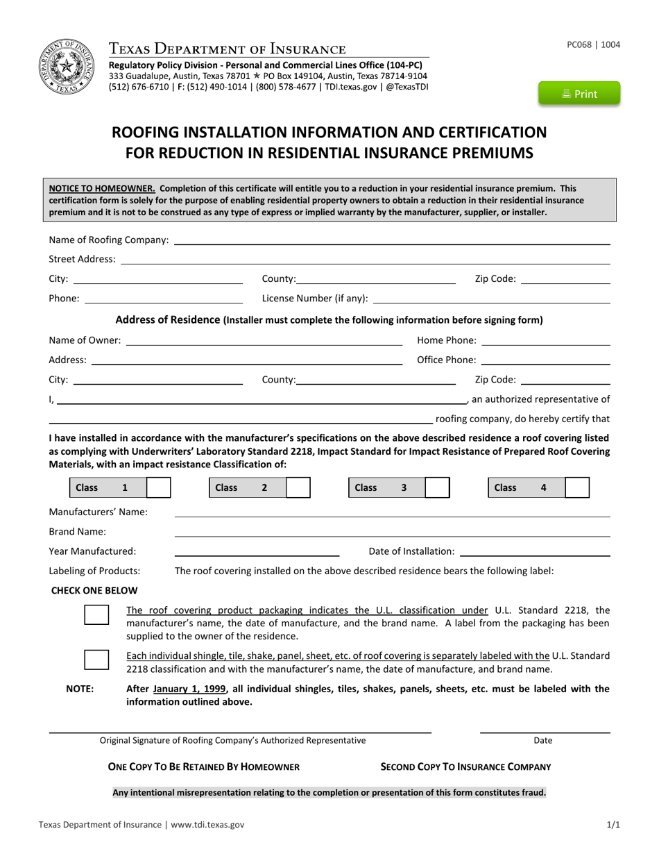 Form PC068 Roofing Installation Information and Certification for Reduction in Residential Insurance Premiums - Texas, Page 1