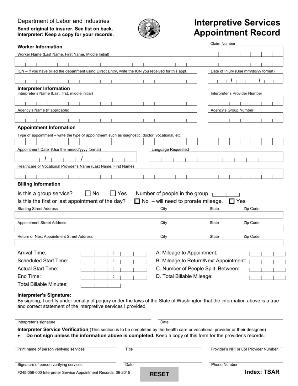 Form F245-056-000 Interpretive Services Appointment Record - Washington, Page 1