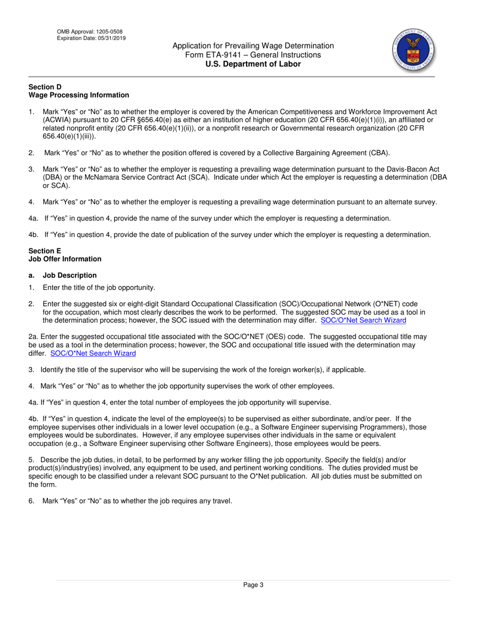 Download Instructions for Form ETA-9141 Application for Prevailing Wage ...