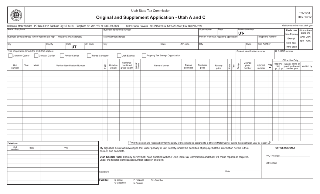 Form TC-853A Original and Supplement Application - Utah a and C - Utah