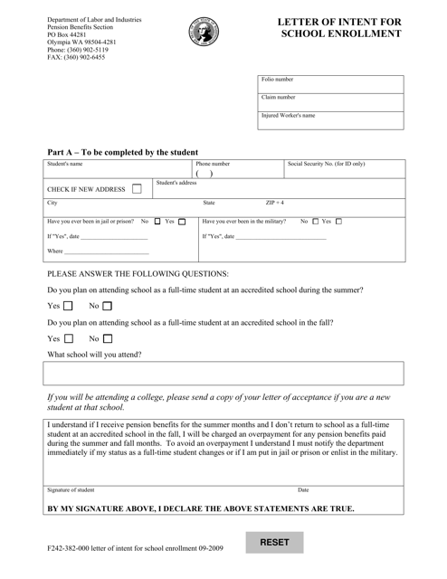 Form F242-382-000 Letter of Intent for School Enrollment - Washington