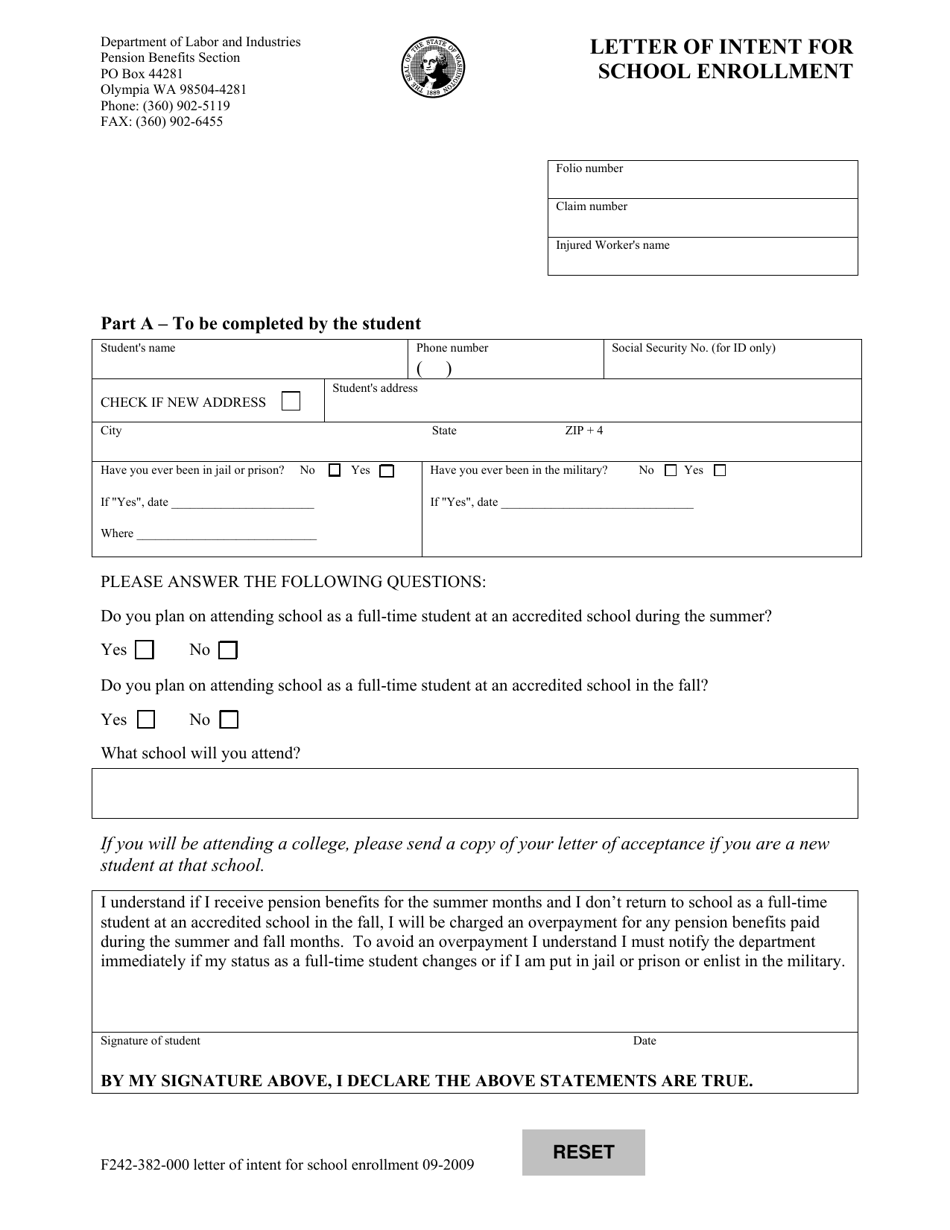 Form F242-382-000 Letter of Intent for School Enrollment - Washington, Page 1