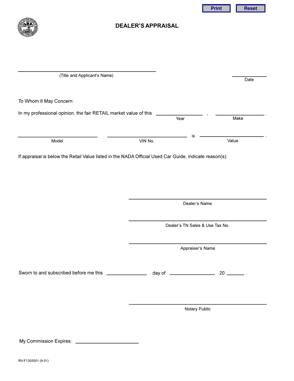 Form RV-F1305001 Dealers Appraisal - Tennessee, Page 1