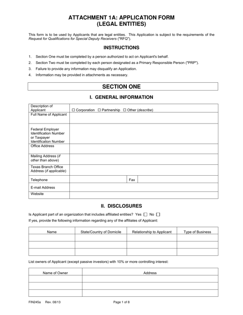 Form FIN245A Attachment 1A Application Form (Legal Entities) - Texas