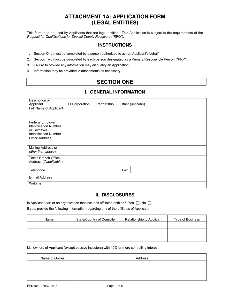 Form FIN245A Attachment 1A Application Form (Legal Entities) - Texas, Page 1