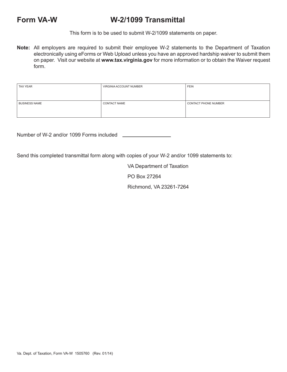 Form VA-W Withholding Transmittal for Submitting Paper W-2  1099 Forms - Virginia, Page 1