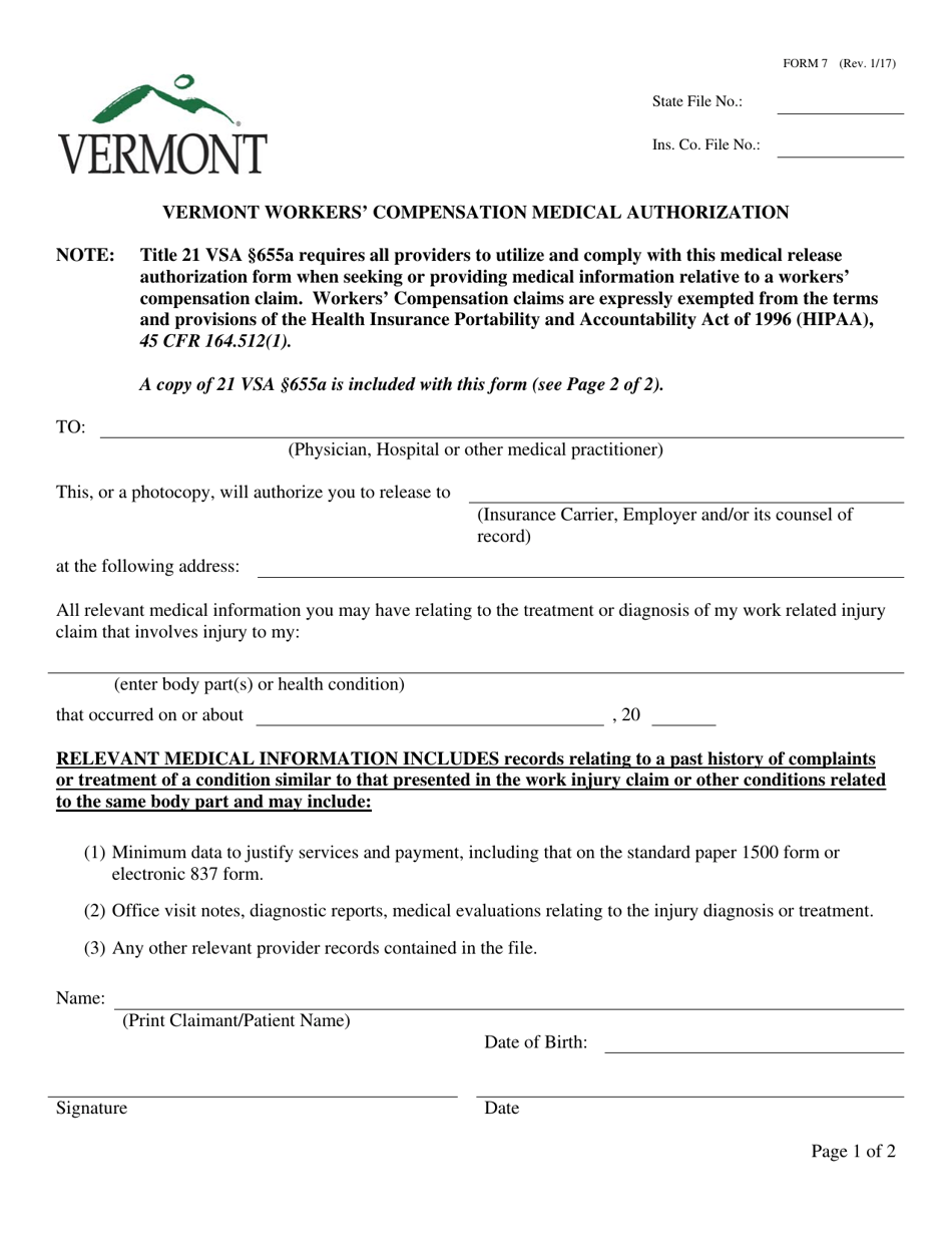 Form 7 Vermont Workers Compensation Medical Authorization - Vermont, Page 1