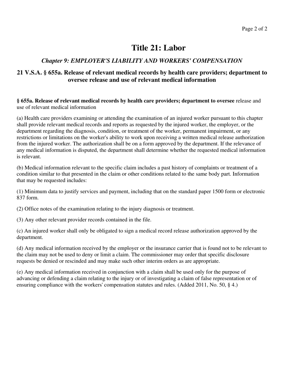 Form 7 Vermont Workers Compensation Medical Authorization - Vermont, Page 2