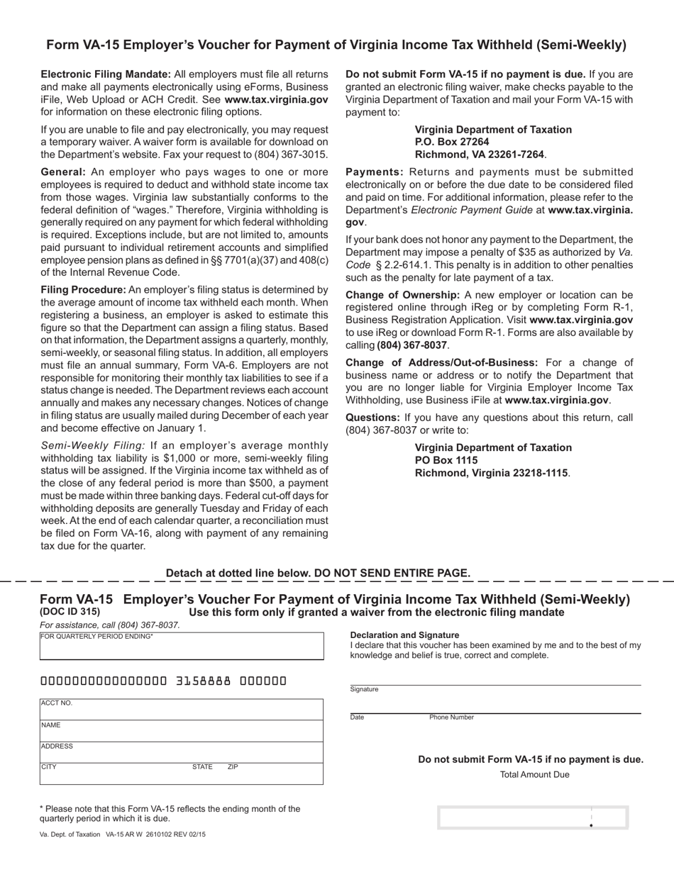 Form VA-15 Employer Voucher for Payment of Virginia Income Tax Withheld (Semi-weekly) - Virginia, Page 1