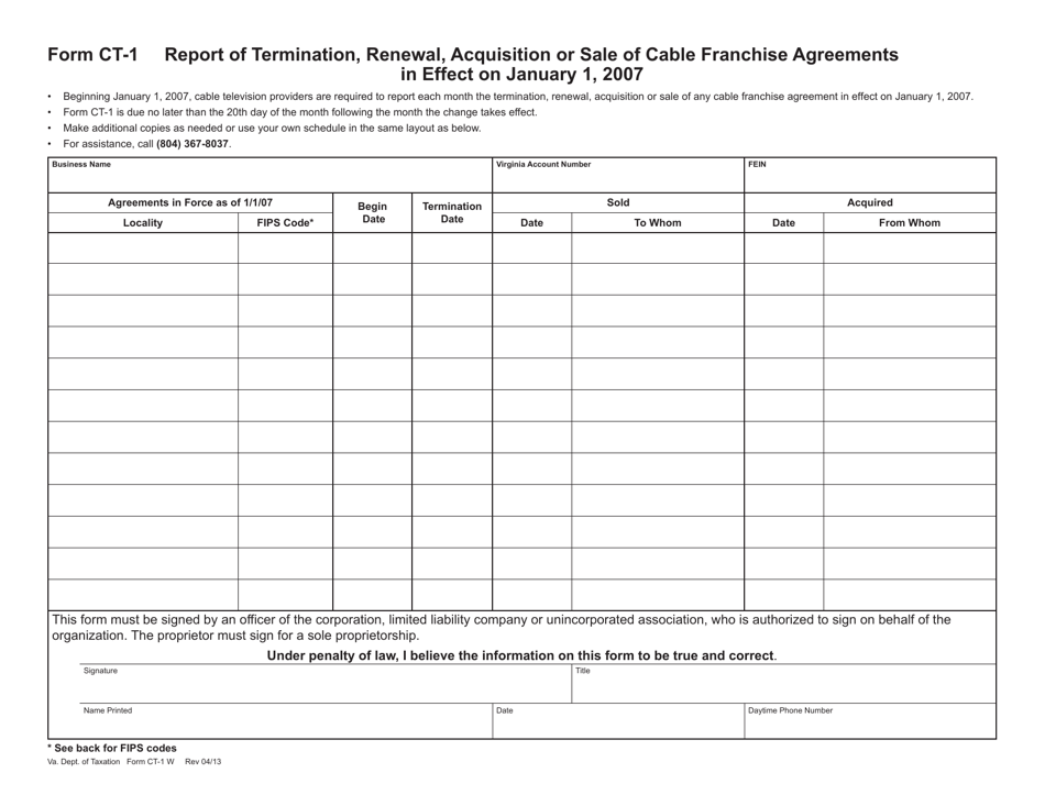 Form CT-1 - Fill Out, Sign Online and Download Fillable PDF, Virginia ...