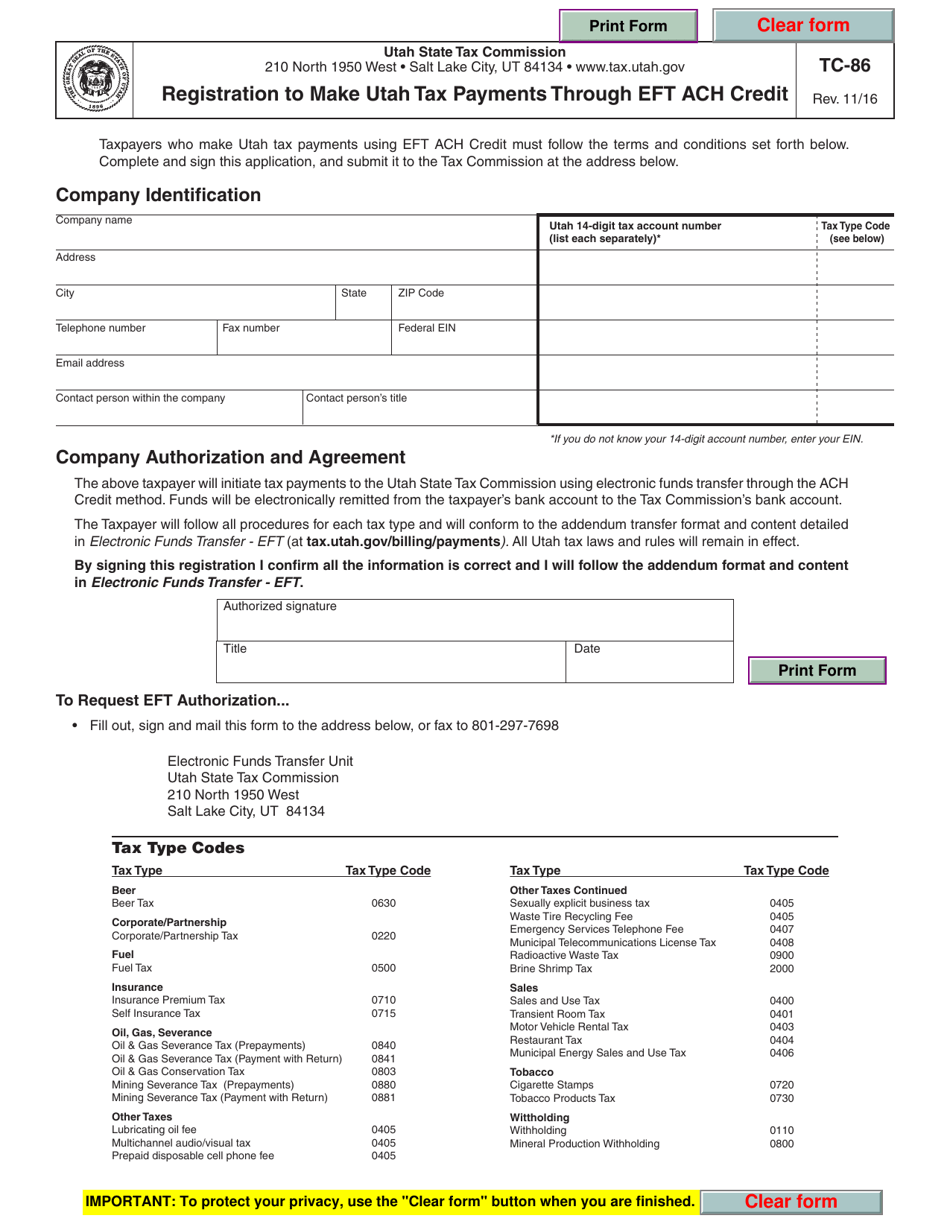 Form TC-86 Registration to Make Utah Tax Payments Through Eft ACH Credit - Utah, Page 1