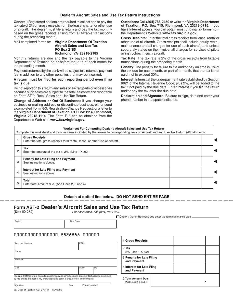 Form AST-2 Dealers Aircraft Sales and Use Tax Return - Virginia, Page 1