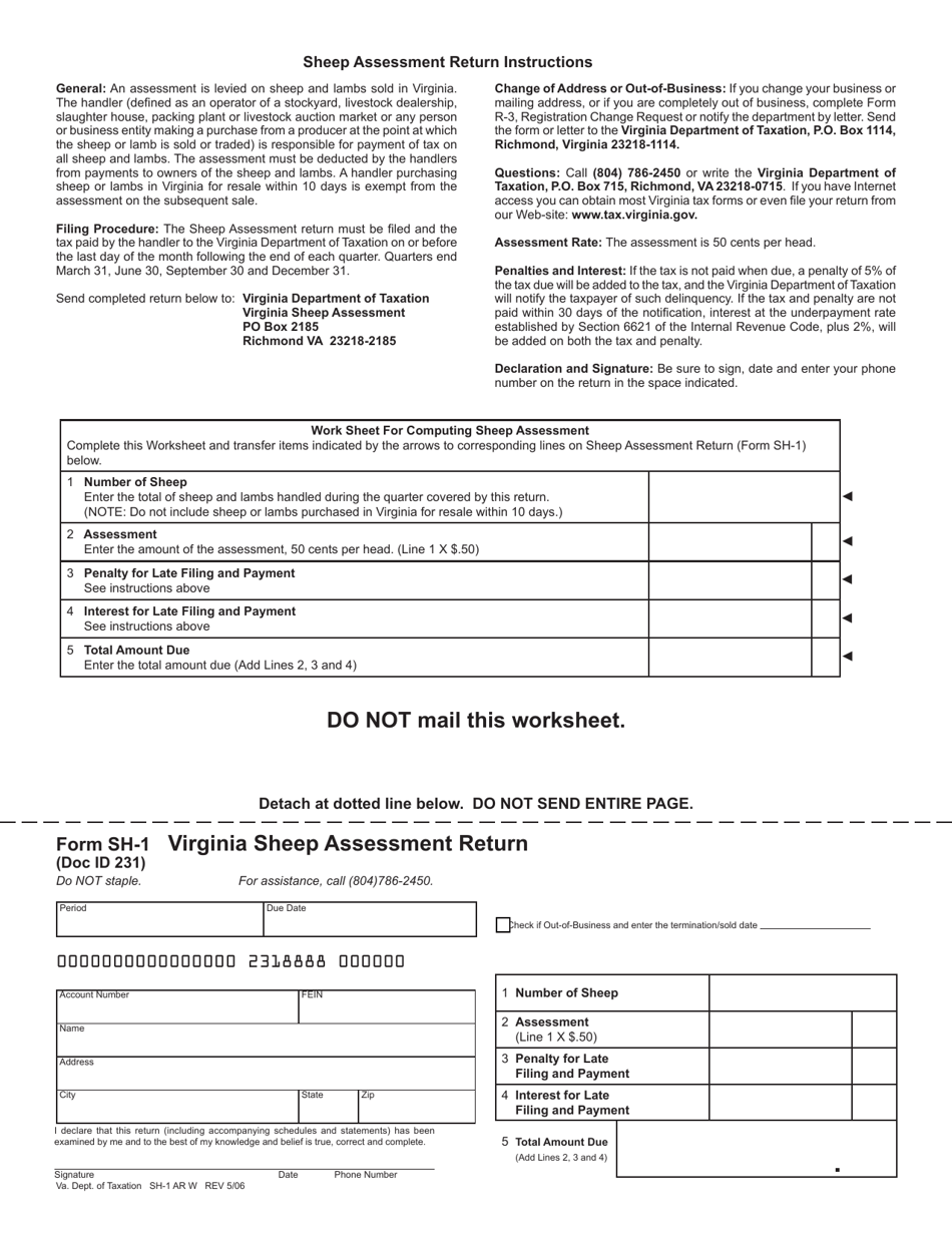 Form SH-1 Virginia Sheep Assessment Return - Virginia, Page 1