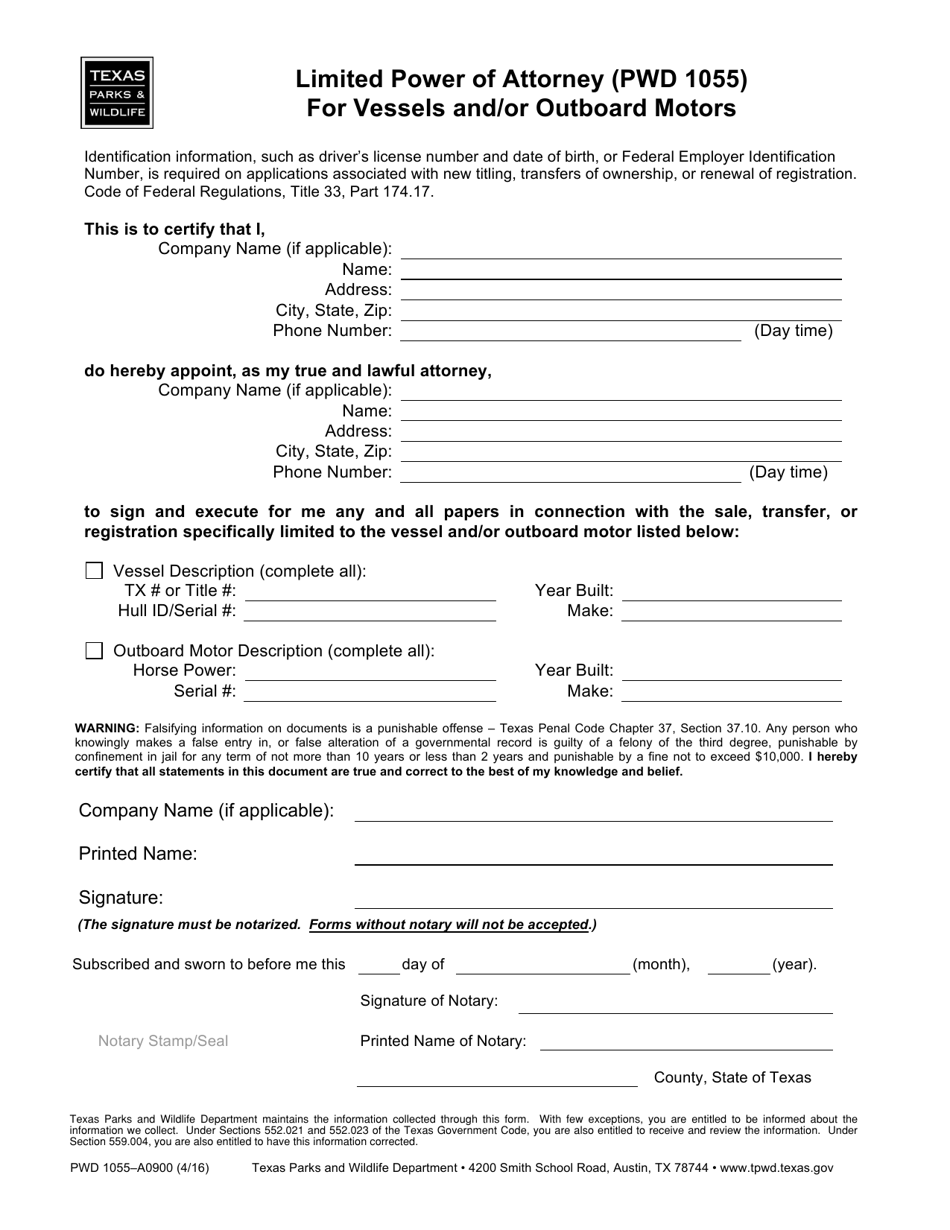 Form PWD1055 Limited Power of Attorney for Vessels and / or Outboard Motors - Texas, Page 1