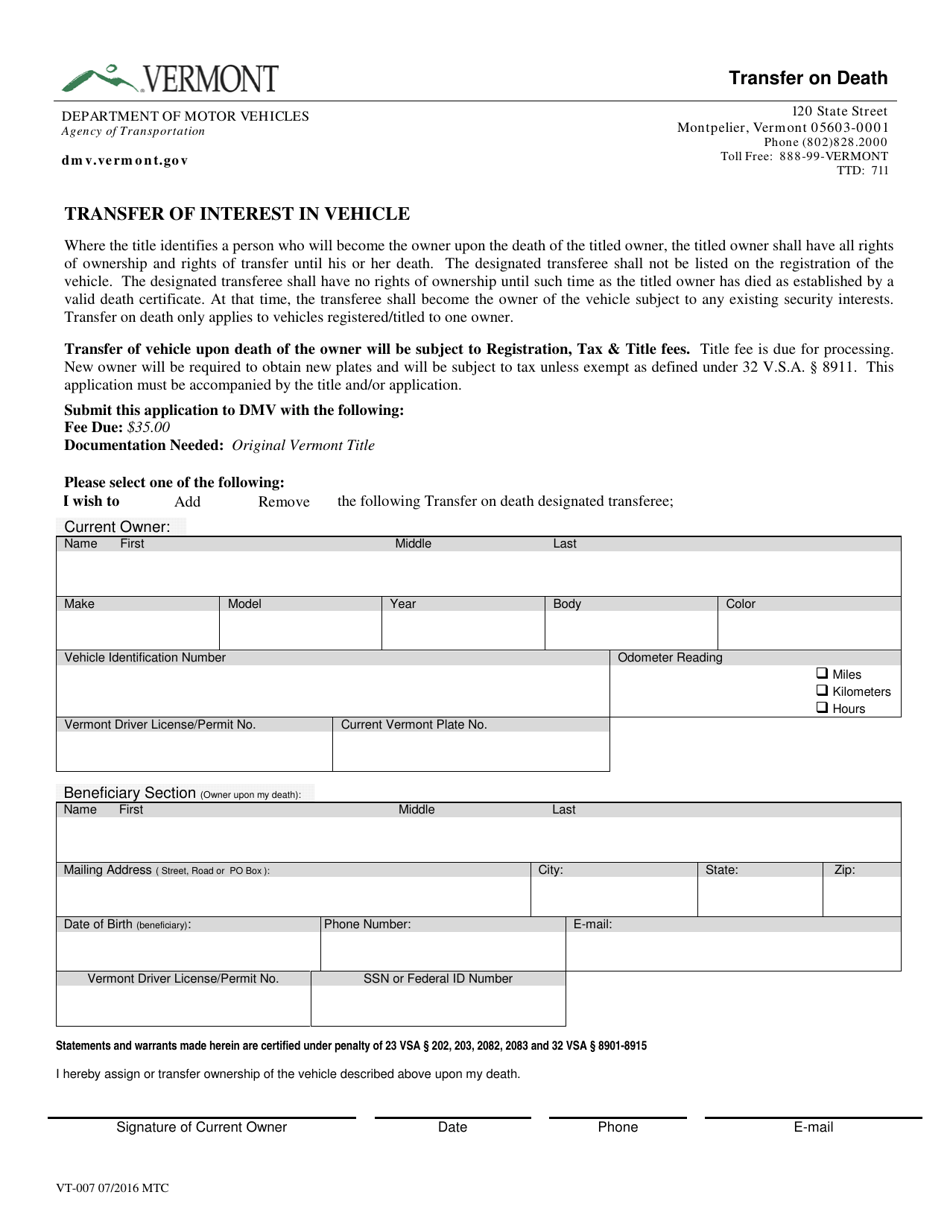 Form VT-007 Transfer on Death - Vermont, Page 1