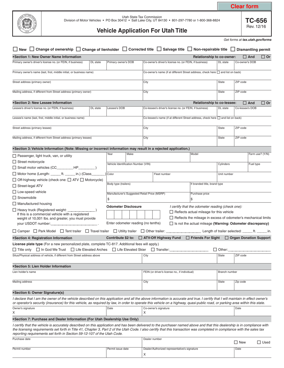 Form TC-656 Vehicle Application for Utah Title - Utah, Page 1