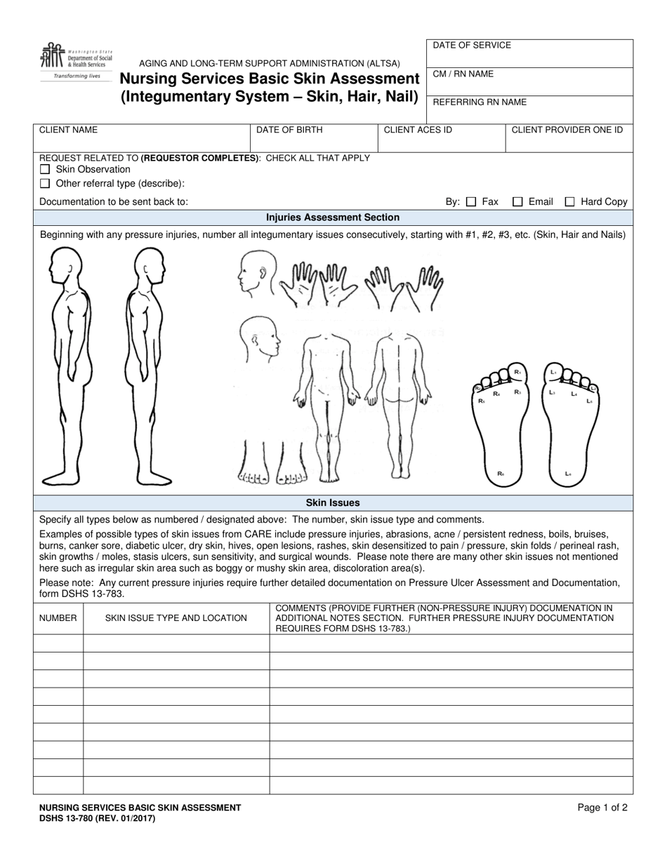DSHS Form 13-780 Nursing Services Basic Skin Assessment (Integumentary System - Skin, Hair, Nail) - Washington, Page 1