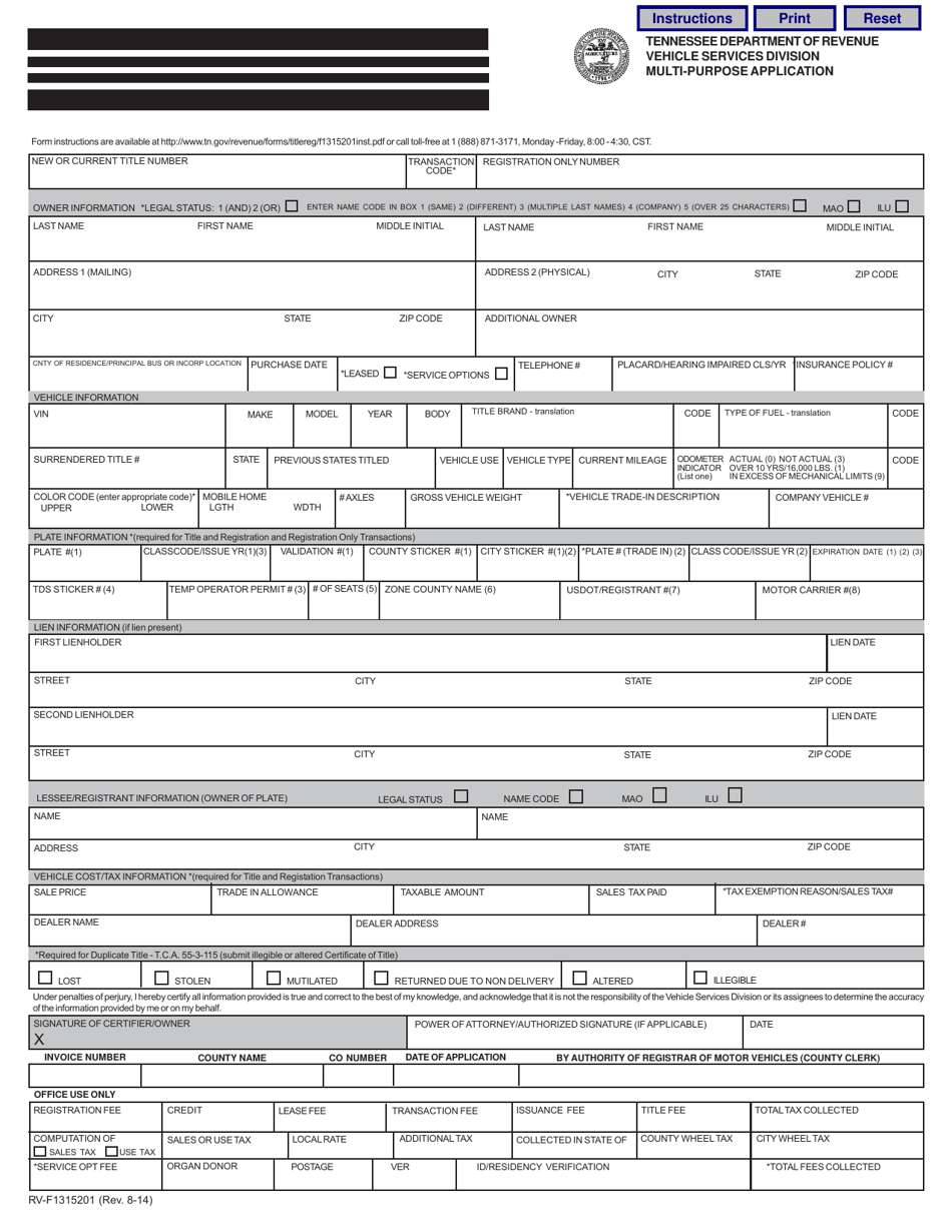 Form RV-F1315201 Multi-Purpose Application - Tennessee, Page 1