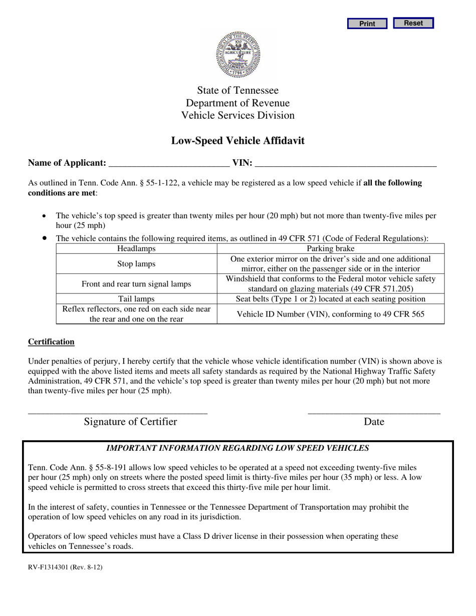 Form RV-F1314301 Low-Speed Vehicle Affidavit - Tennessee, Page 1